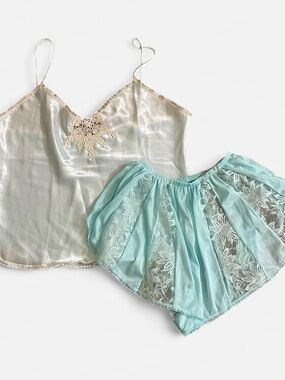 Silk Lace Camisole and Sheer Lace Shorts Set - Mint & Ivory